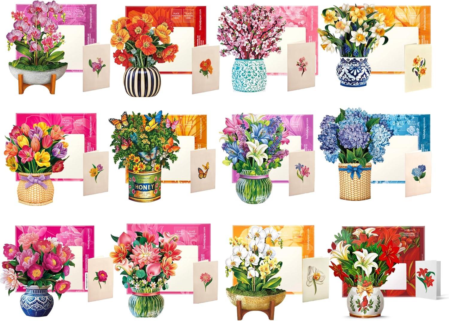 imageFreshcut Paper PopUp Greeting Cards 6x6 Inch Mini Paper Flower Bouquets 12 Count Assortment Multicolor Floral Occasion Cards Blank Inside PopUp Feature