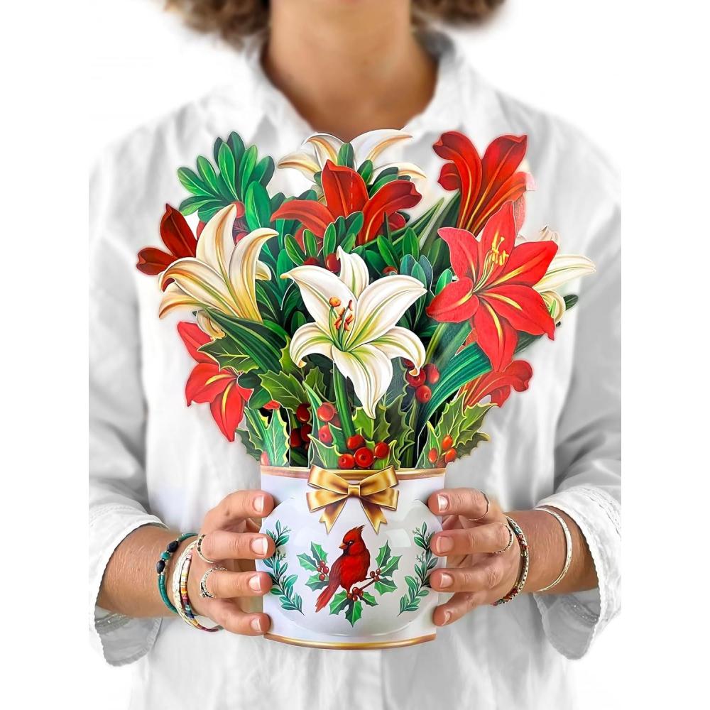 imageFreshcut Paper Pop Up Cards Blue Poinsettia 10 Inch Life Sized Forever Flower Bouquet 3D Popup Greeting Cards Christmas Card Hanukkah Card Blank Notecard ampamp EnvelopeWinter Joy