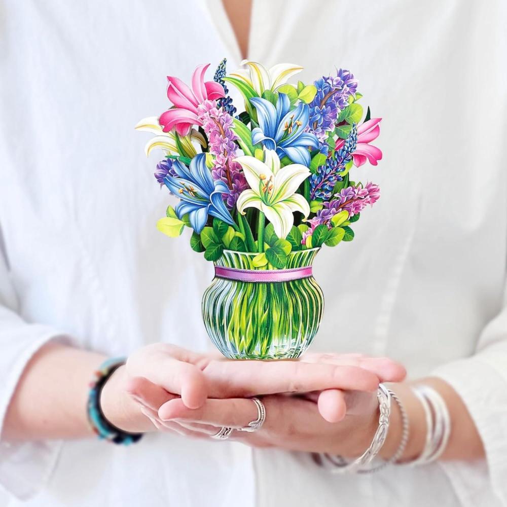 imageFreshcut Paper Pop Up Cards Mini Lavender ampamp Butterflies 6 Inch Mini Sized Forever Flower Bouquet 3D Popup Greeting Card Birthday Cards Thank You Card Teacher Gifts Blank Notecard ampamp EnvelopeLilies  Lupines