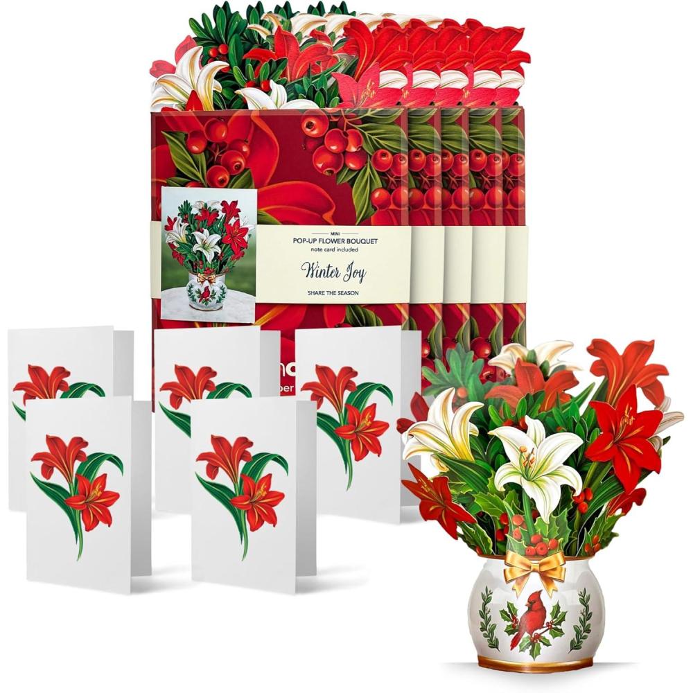 imageFreshcut Paper Pop Up Cards Mini Winter Joy 6 inch Mini Sized Paper Flower Bouquet 3D Popup Greeting Cards Christmas Card Holiday Card Blank Notecards ampamp Envelopes Pack of 55pk Mini Winter Joy