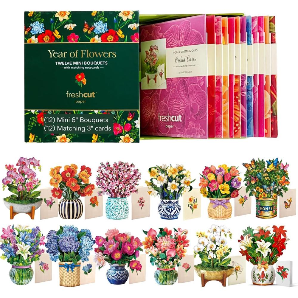 imageFreshcut Paper PopUp Greeting Cards 6x6 Inch Mini Paper Flower Bouquets 12 Count Assortment Multicolor Floral Occasion Cards Blank Inside PopUp Feature