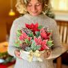 Freshcut Paper Pop Up Cards, Blue Poinsettia, 10 Inch Life Sized Forever Flower Bouquet 3D Popup Greeting Cards, Christmas Card, Hanukkah Card, Blank Notecard & Envelope(Birch Poinsettia)