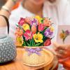Freshcut Paper Pop Up Cards, Mini Orchid Oasis, 6 Inch Mini Sized Forever Flower Bouquet 3D Popup Greeting Cards, Birthday Card, Get Well Gifts, Blank Notecard & Envelope(Festive Tulips with Basket)