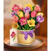 Freshcut Paper Pop Up Cards, Orchid Oasis, 12 Inch Life Sized Forever Flower Bouquet 3D Popup Greeting Card, Birthday Cards, Get Well Gifts, Blank Notecard & Envelope(Festive Tulips with Basket)
