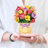 Freshcut Paper Pop Up Cards, Mini Orchid Oasis, 6 Inch Mini Sized Forever Flower Bouquet 3D Popup Greeting Cards, Birthday Card, Get Well Gifts, Blank Notecard & Envelope(Festive Tulips with Basket)
