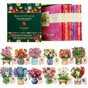 Freshcut Paper Pop-Up Greeting Cards, 6×6 Inch Mini Paper Flower Bouquets, 12 Count Assortment, Multicolor Floral Occasion Cards, Blank Inside, Pop-Up Feature