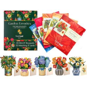 Freshcut Paper Pop Up Cards, Garden Favorites, 6 inch Mini Sized Paper Flower Bouquet 3D Popup Greeting Cards, Birthday Card, Thank You Card, Blank Notecards & Envelopes, Pack of 5(5pk – Garden Favorites)