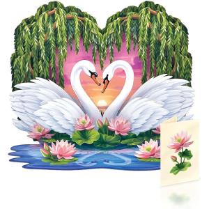 Freshcut Paper Sweetheart Swans Pop Up Cards, 12 Inch Life Sized 3D Popup Greeting Card, Valentine’s Day Card, Birthday Cards, Blank Notecard & Envelope